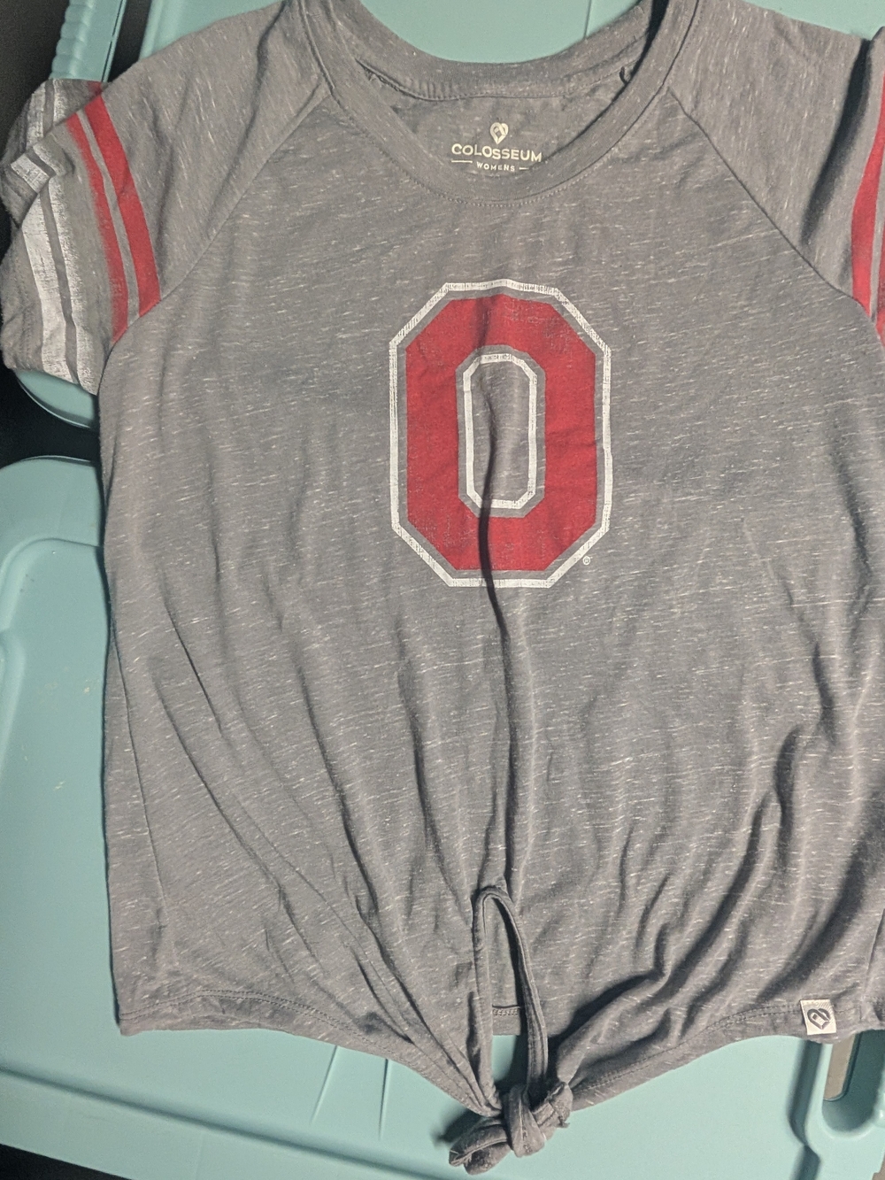 Colosseum Gray Tee with Red Graphic and Sleeve Stripes